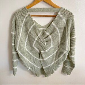 Sage Green Striped Twist Open Back Knit Sweater